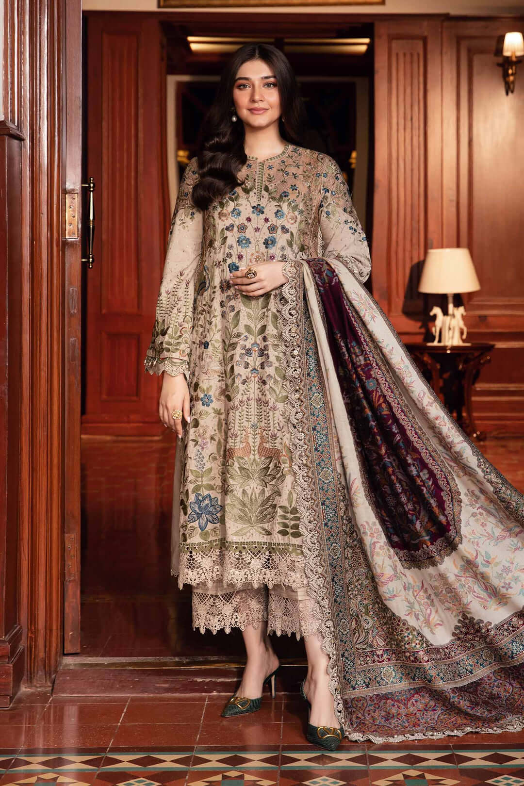 MB 555 - 3 Pcs Unstitched Heavy Embroidered Dhanak Suit with Premium Quality Wool Shawl