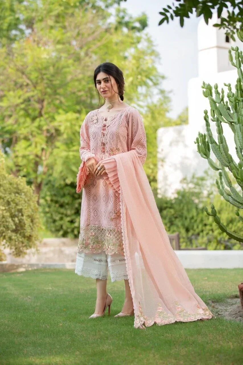 CS 34-Embroidered 3pc Lawn Chicken Kari dress with embroidered chiffon dupatta