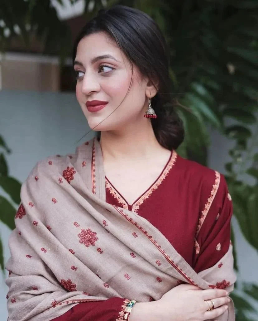 BR 1110-Winter 3 Piece Dhanak suit with Embroidered Shawl