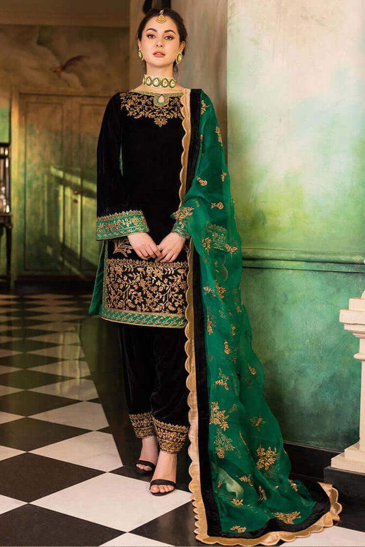 JZ 953-9000 Micro 3 Piece Unstitched Heavy Embroidered 9000 Micro Velvet Suit  Four Sided Embroidered Organza Dupatta