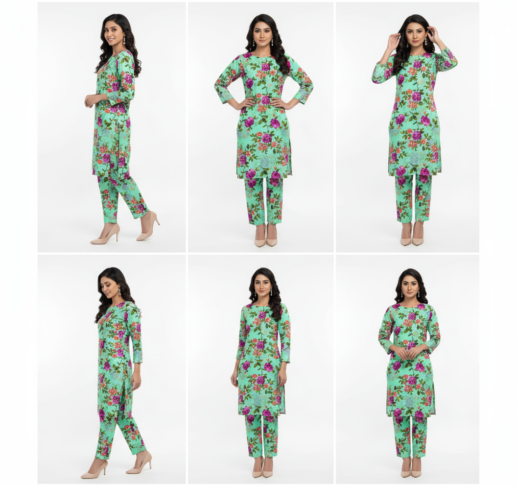 Woman modeling a floral outfit in multiple poses on a white background