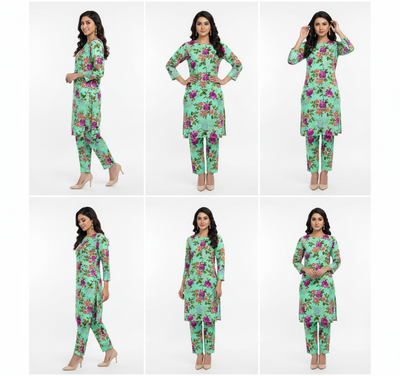 Woman modeling a floral outfit in multiple poses on a white background