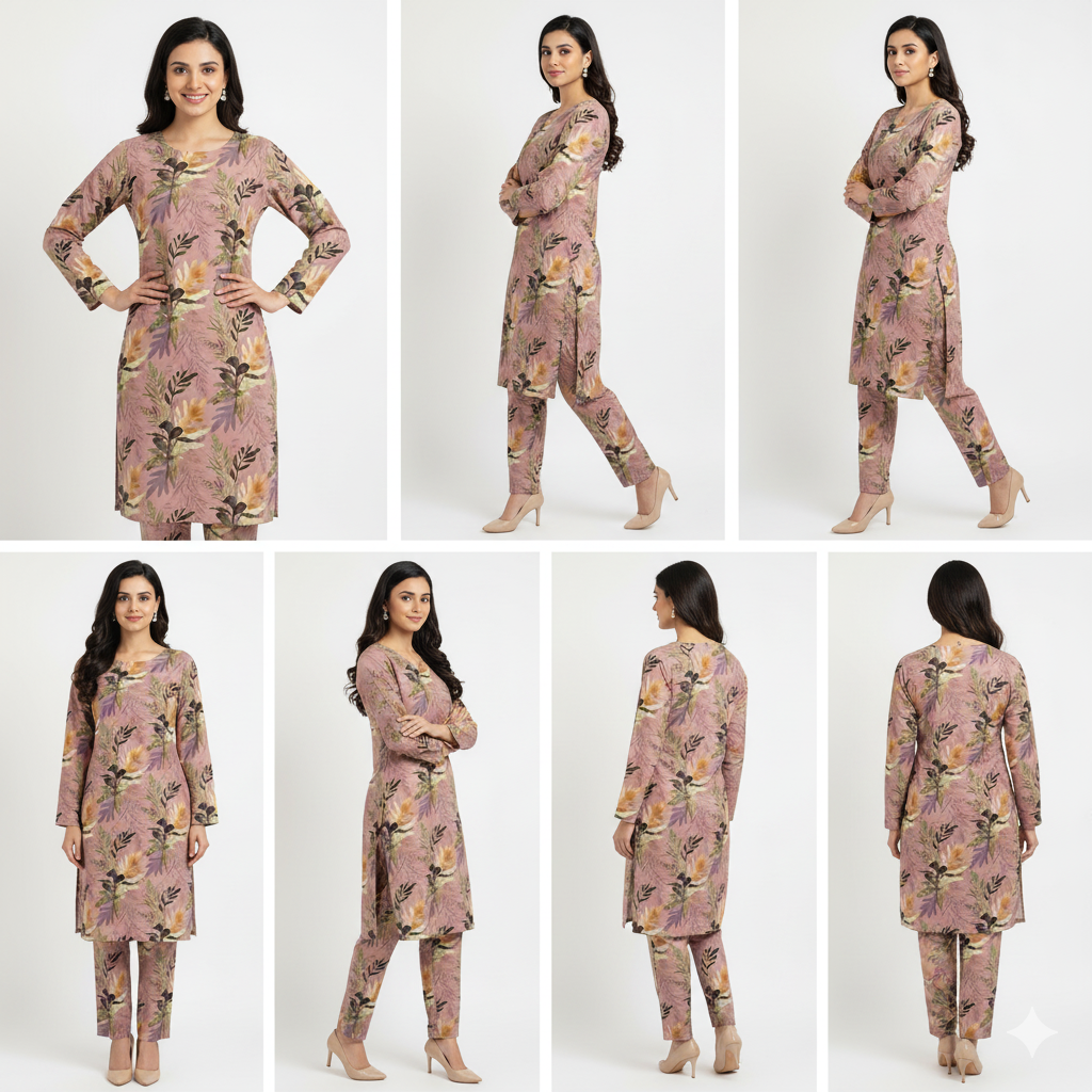 Woman modeling a floral outfit from multiple angles on a white background