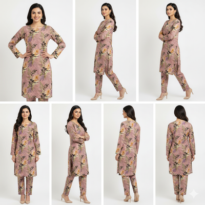 Woman modeling a floral outfit from multiple angles on a white background