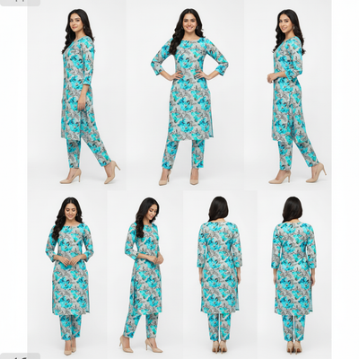 Woman modeling a floral dress and pants set from multiple angles on a white background