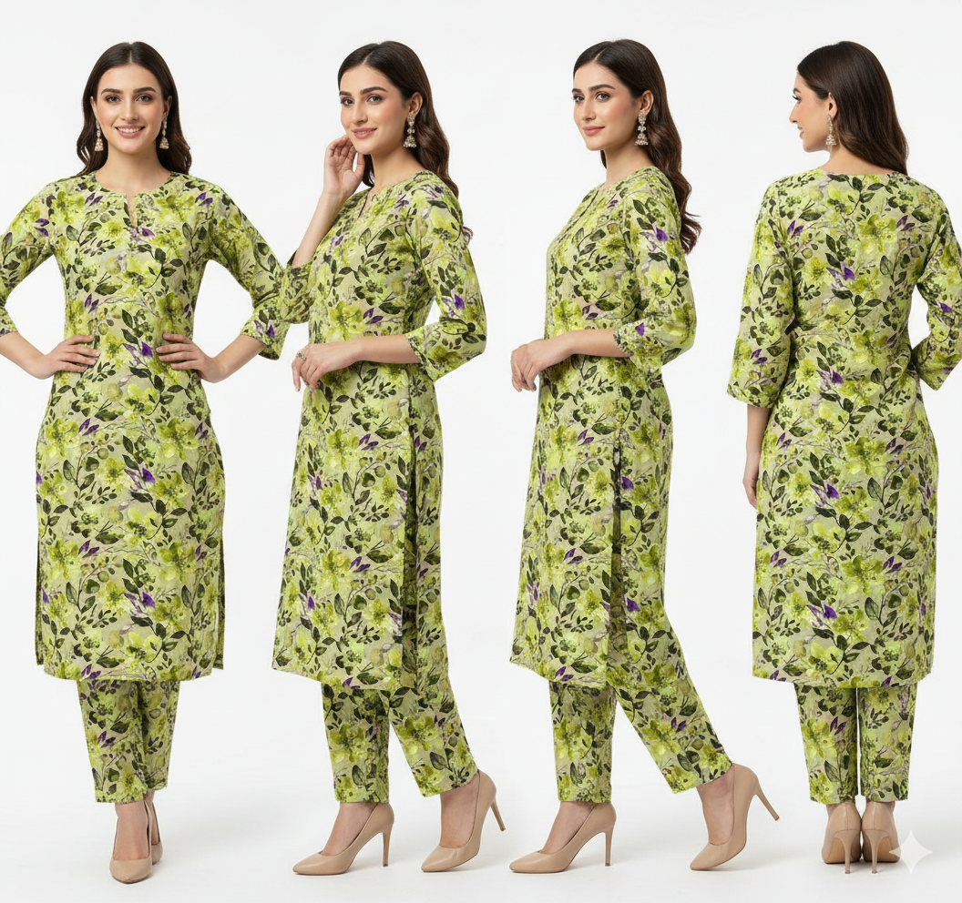 Woman modeling a green floral outfit from different angles on a white background
