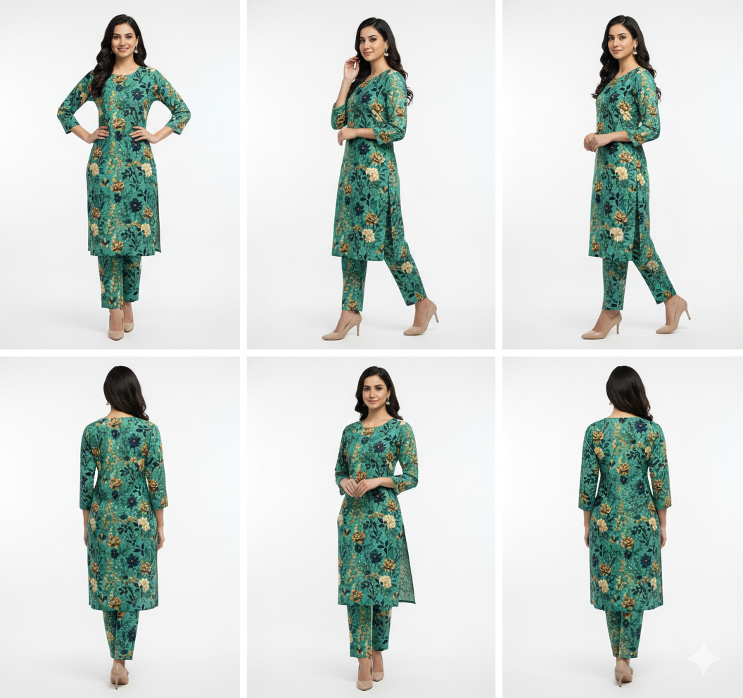 Woman modeling a green floral outfit from multiple angles on a white background