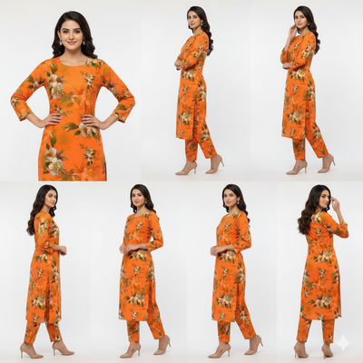 Woman modeling an orange floral outfit from multiple angles on a white background