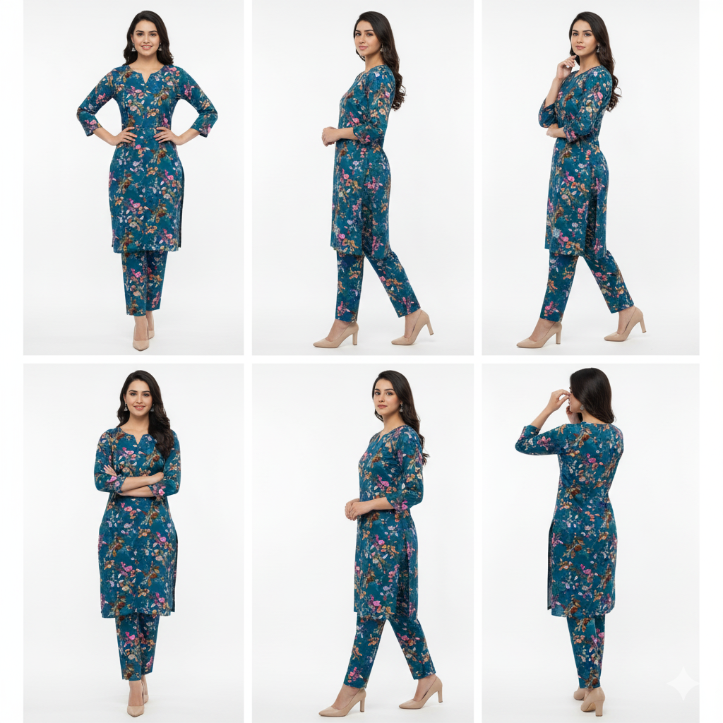 Woman modeling a floral dress and pants set from multiple angles on a white background