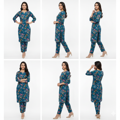 Woman modeling a floral dress and pants set from multiple angles on a white background