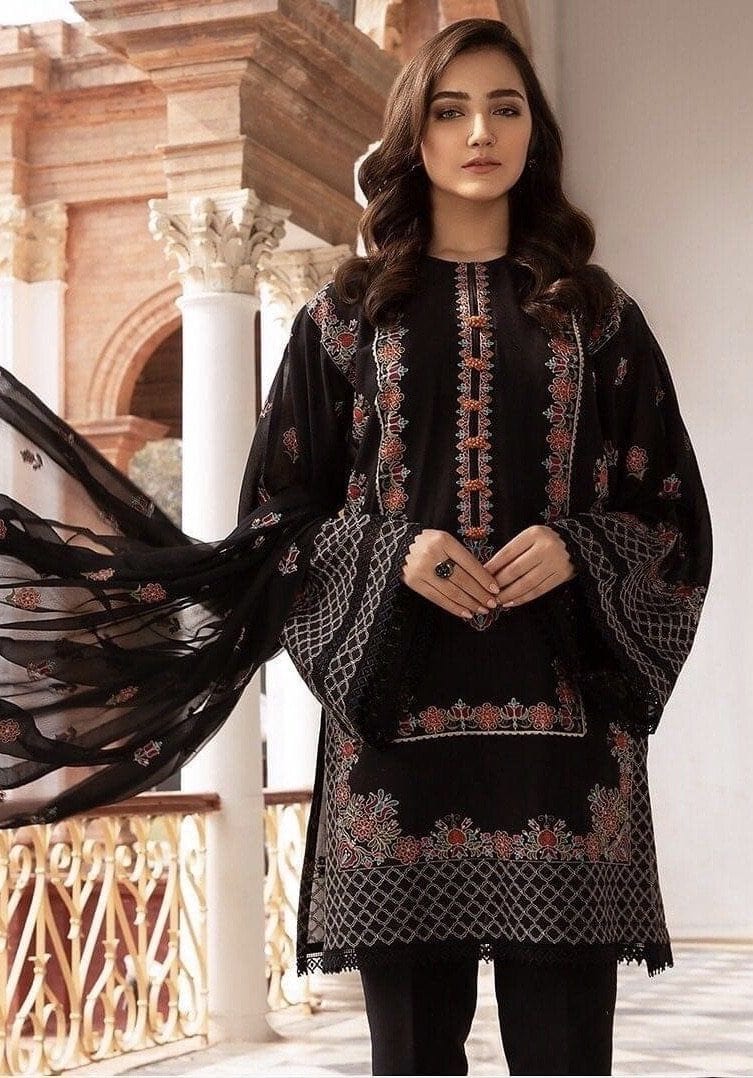 BR 465-3 Piece Embroidered Lawn Suite With Embroidered Bamber Chiffon Dupatta