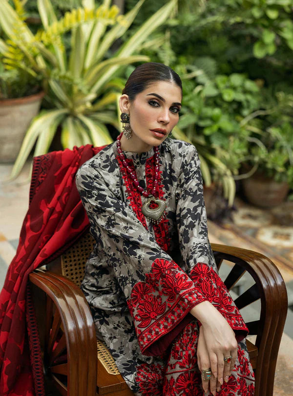 MB 437-3 Piece Unstitched Digital Printed Heavy Embroidered Lawn Suit ( Fine Printed Lawn Dupatta )