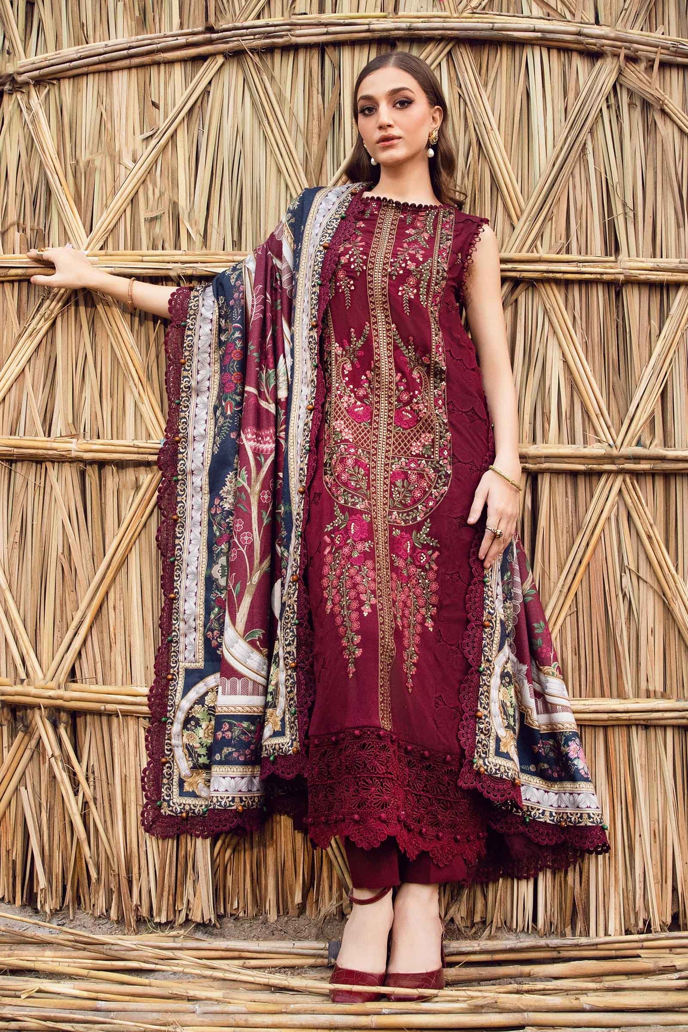 MB 515 - 3 Pcs Unstitched Heavy Embroidered Dhanak Suit with Premium Quality Wool Shawl