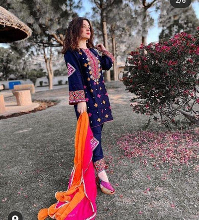 3 Piece Unstitched Heavy Embroidered Lawn Suit ( Full Embroidered Chiffon Dupatta )