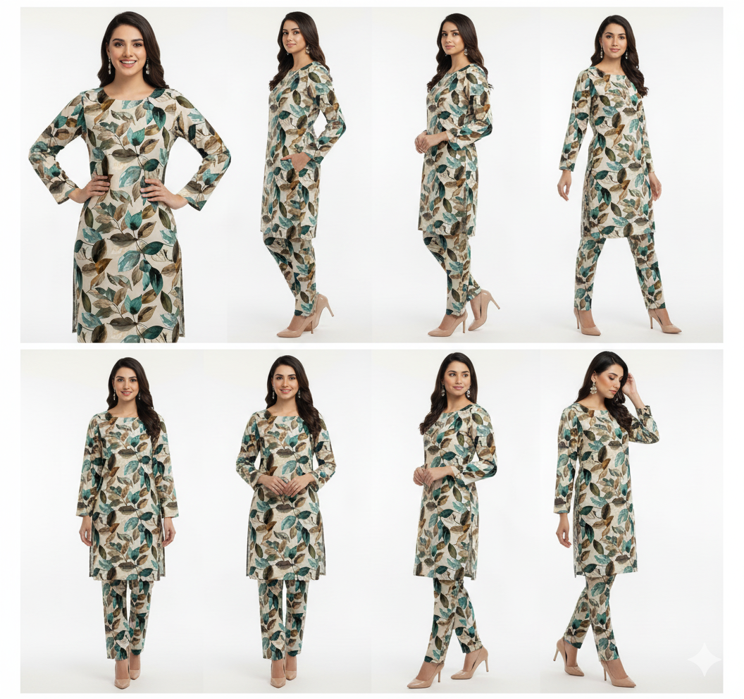 Woman modeling a floral dress and pants set from multiple angles on a white background