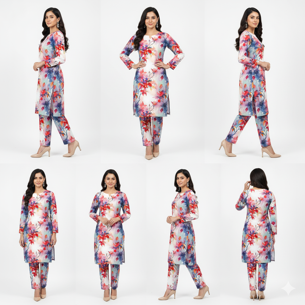 Woman modeling a floral dress set from multiple angles on a white background