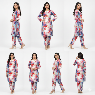 Woman modeling a floral dress set from multiple angles on a white background