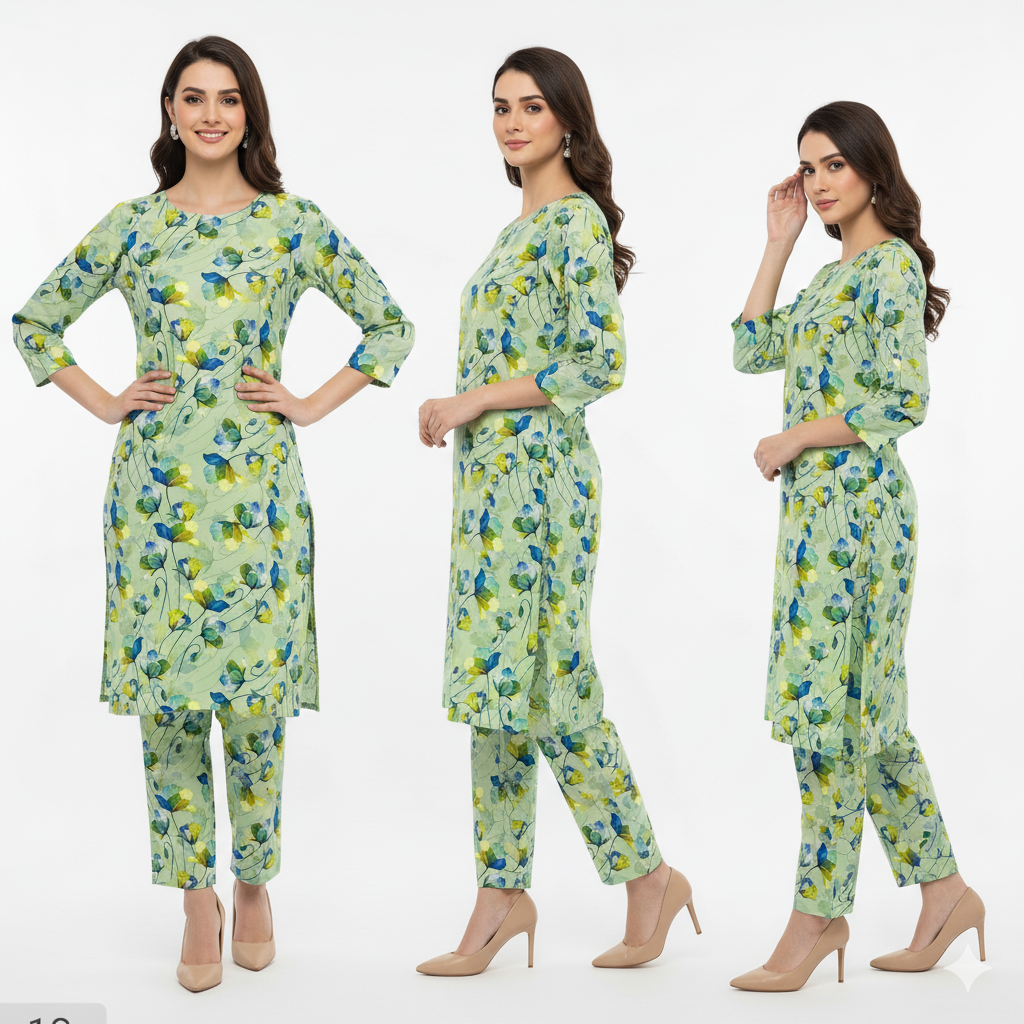 Woman wearing a green floral outfit in three different poses on a white background