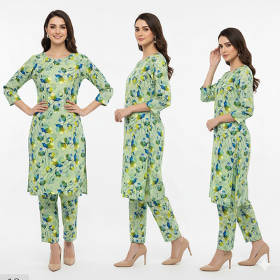Woman wearing a green floral outfit in three different poses on a white background