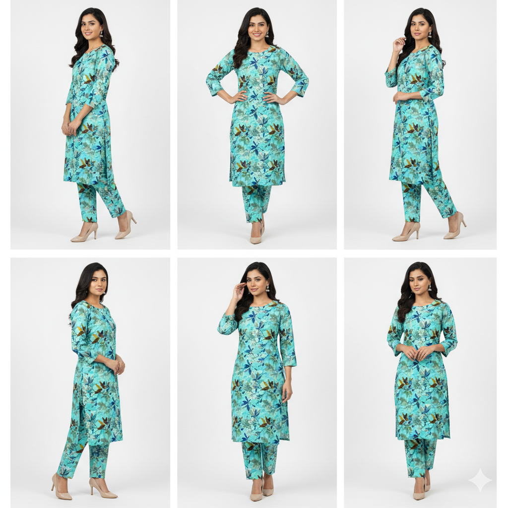Woman modeling a turquoise floral outfit in multiple poses on a white background