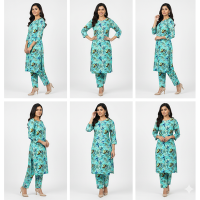 Woman modeling a turquoise floral outfit in multiple poses on a white background