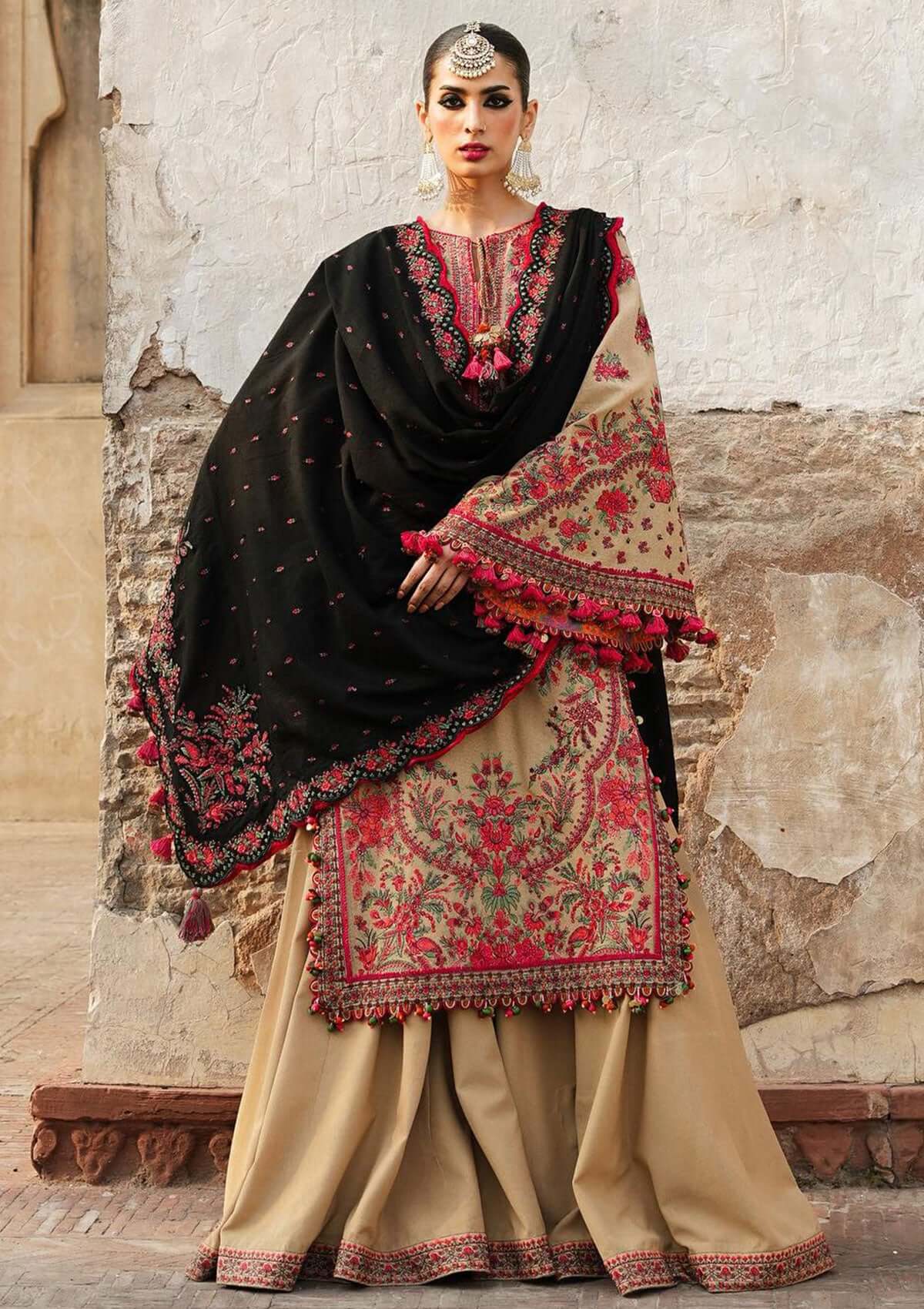 HR 690-3 Piece Unstitched Heavy Embroidered Dhanak Wool Suit  Four Sided Embroidered Dhanak Shawl