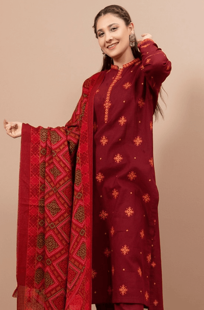 RS 705-3 Piece Unstitched Heavy Embroidered Dhanak Suit With Printed Woolen Dupatta