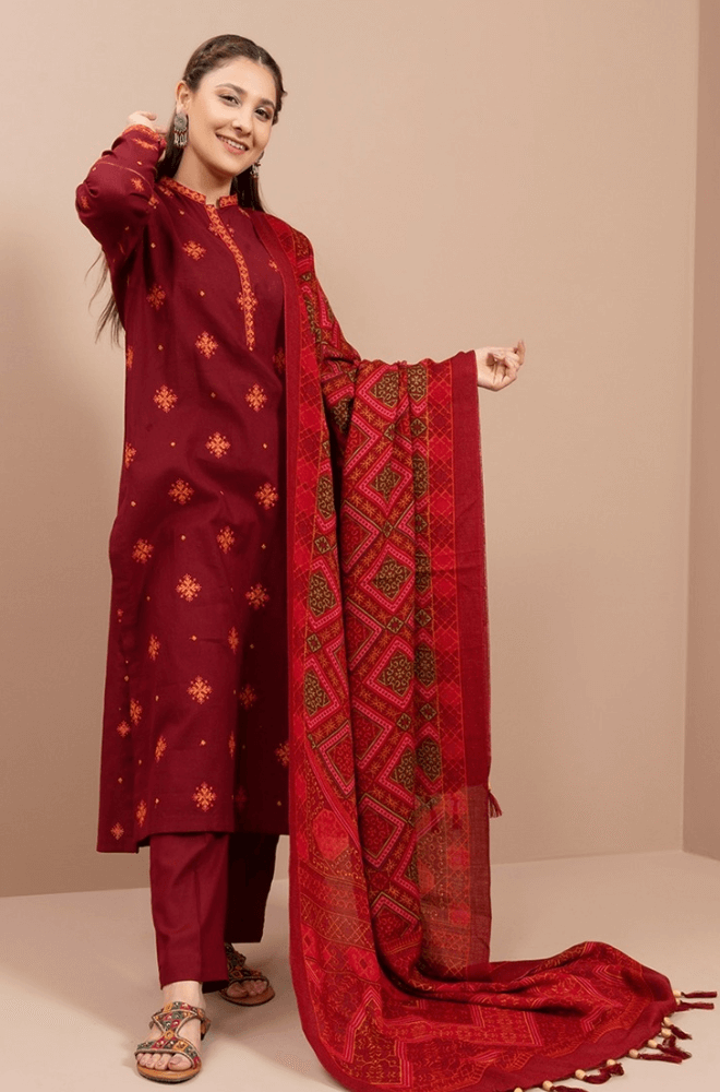 RS 705-3 Piece Unstitched Heavy Embroidered Dhanak Suit With Printed Woolen Dupatta