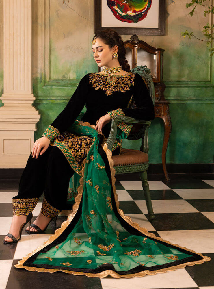 JZ 953-9000 Micro 3 Piece Unstitched Heavy Embroidered 9000 Micro Velvet Suit  Four Sided Embroidered Organza Dupatta