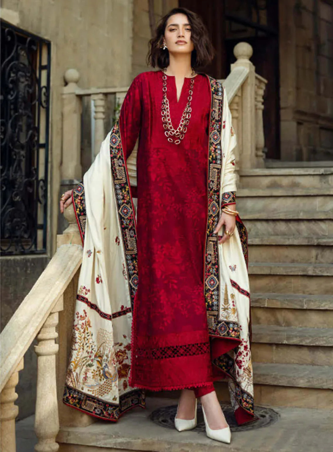 MQ 560 - 3 Pcs Unstitched Heavy Embroidered Dhanak Suit with Premium Quality Dhanak Shawl