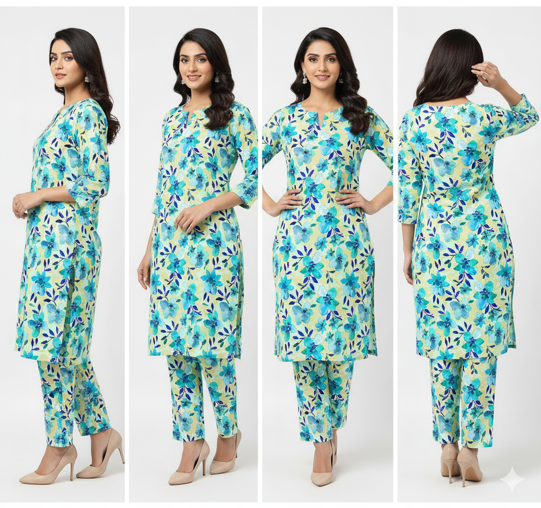 Woman wearing a floral outfit in multiple poses on a white background