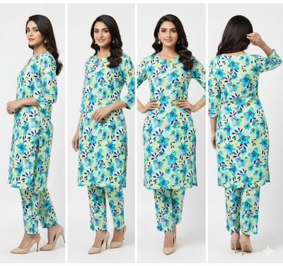 Woman wearing a floral outfit in multiple poses on a white background