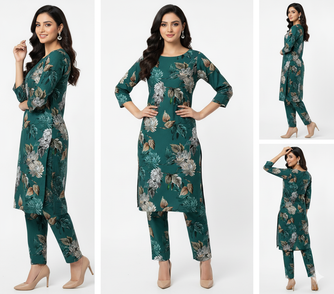 Woman modeling a green floral outfit with multiple poses on a white background