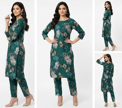 Woman modeling a green floral outfit with multiple poses on a white background