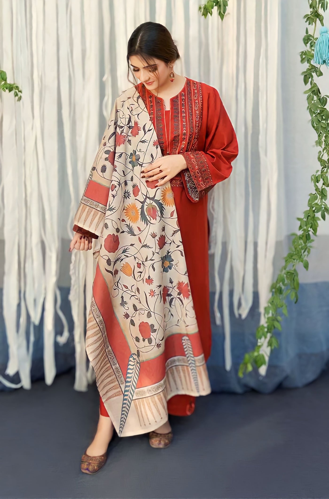 BR 845-3 Piece - Unstitched Embroidered Dhanak Fabric With Wool Shawl