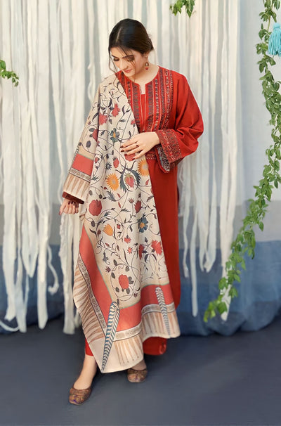 BR 845-3 Piece - Unstitched Embroidered Dhanak Fabric With Wool Shawl