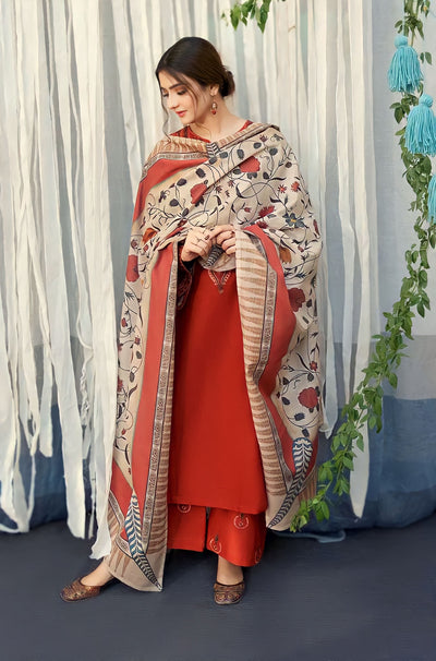 BR 845-3 Piece - Unstitched Embroidered Dhanak Fabric With Wool Shawl