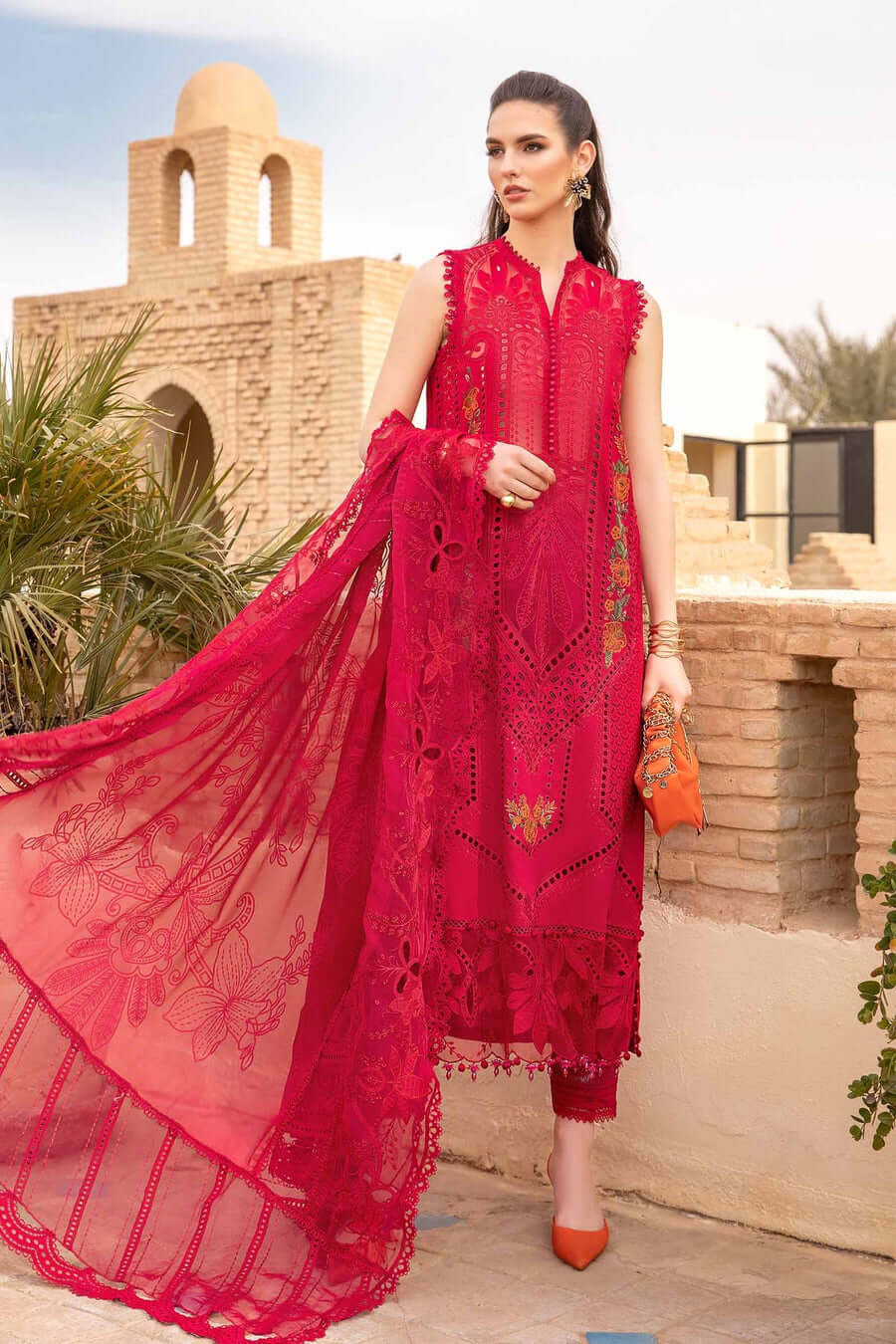 MB 2590R-3 Piece Unstitched Heavy Embroidered Chickan Kari Lawn Suit ( Four-Sided Embroidered Organza Dupatta )