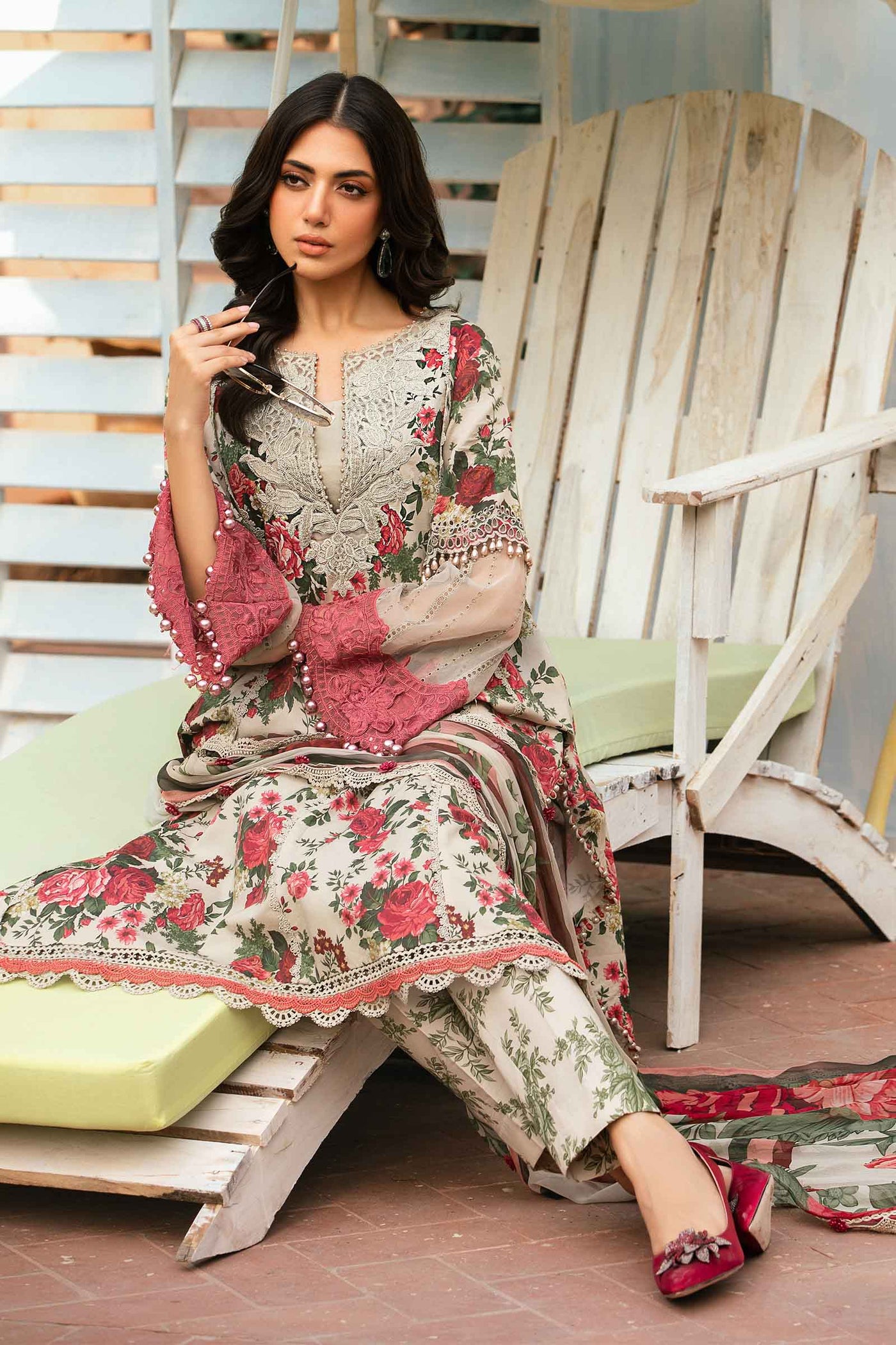 MB 425-3 Pcs Digital Printed Lawn Shirt Trouser and Dupatta with Embroidered Patches