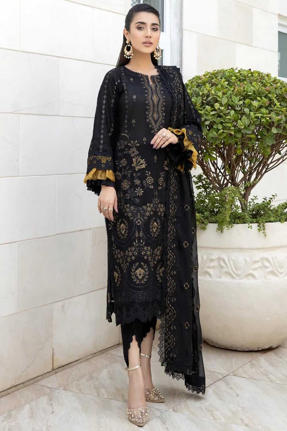 BA 06-3 Piece Unstitched Heavy Embroidered Chickan Kari Lawn Suit ( Fully Embroidered Organza Dupatta )