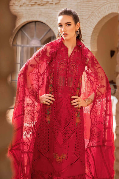 MB 2590R-3 Piece Unstitched Heavy Embroidered Chickan Kari Lawn Suit ( Four-Sided Embroidered Organza Dupatta )