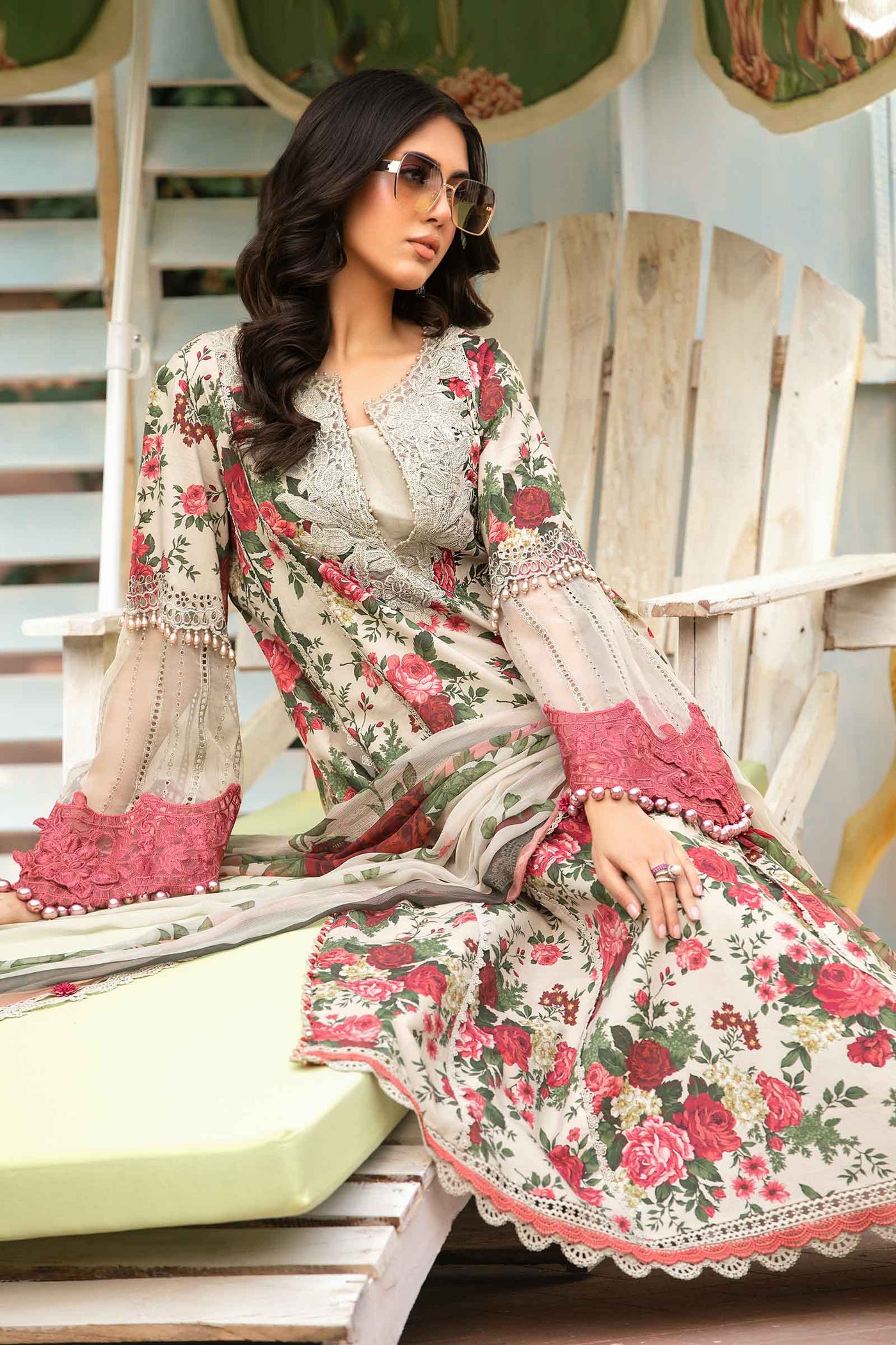 MB 425-3 Pcs Digital Printed Lawn Shirt Trouser and Dupatta with Embroidered Patches