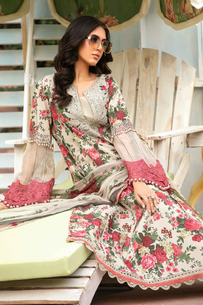 MB 425-3 Pcs Digital Printed Lawn Shirt Trouser and Dupatta with Embroidered Patches