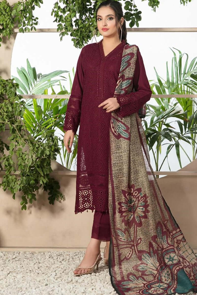 CR 806-3 Piece Unstitched Heavy Embroidered Lawn Suit ( Fine Printed Poly Lawn Dupatta )