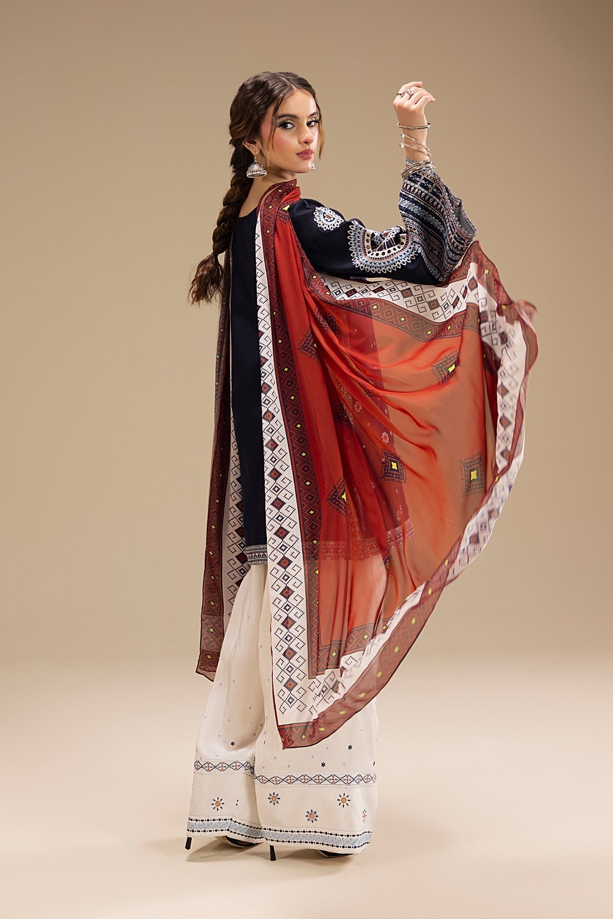 RR 610-3 Piece - 3 Piece Embroidered Dhanak Fabric with Printed Wool Shawl