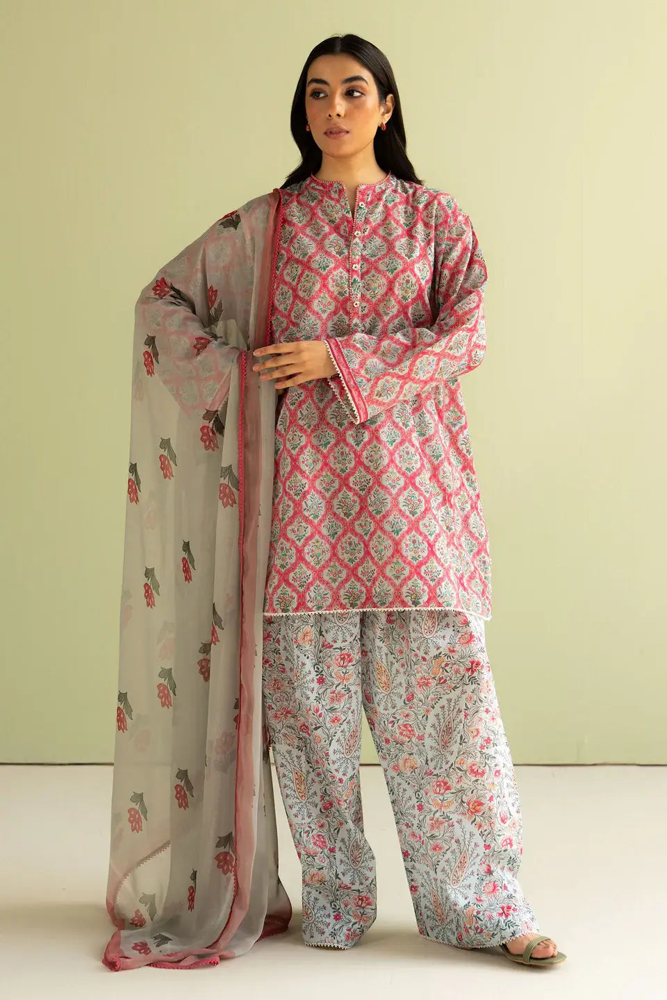 CO 494-3 Piece Unstitched Digital Printed Lawn Suit ( Fine Printed Polly Lawn Dupatta )