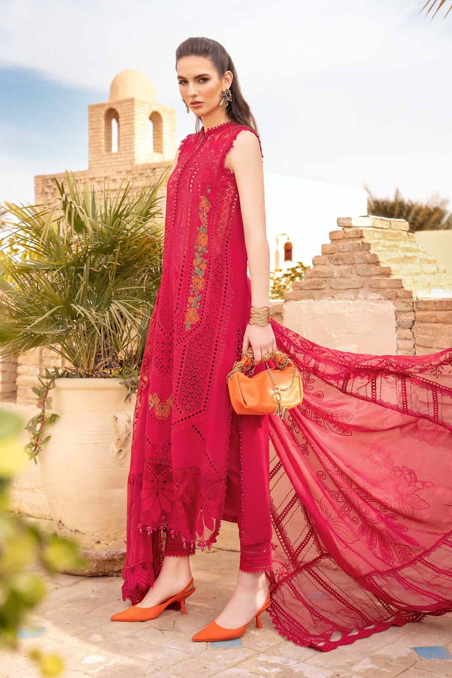 MB 2590R-3 Piece Unstitched Heavy Embroidered Chickan Kari Lawn Suit ( Four-Sided Embroidered Organza Dupatta )