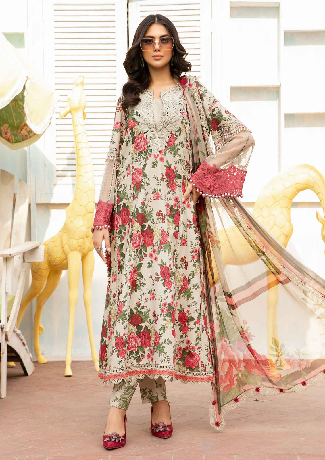 MB 425-3 Pcs Digital Printed Lawn Shirt Trouser and Dupatta with Embroidered Patches