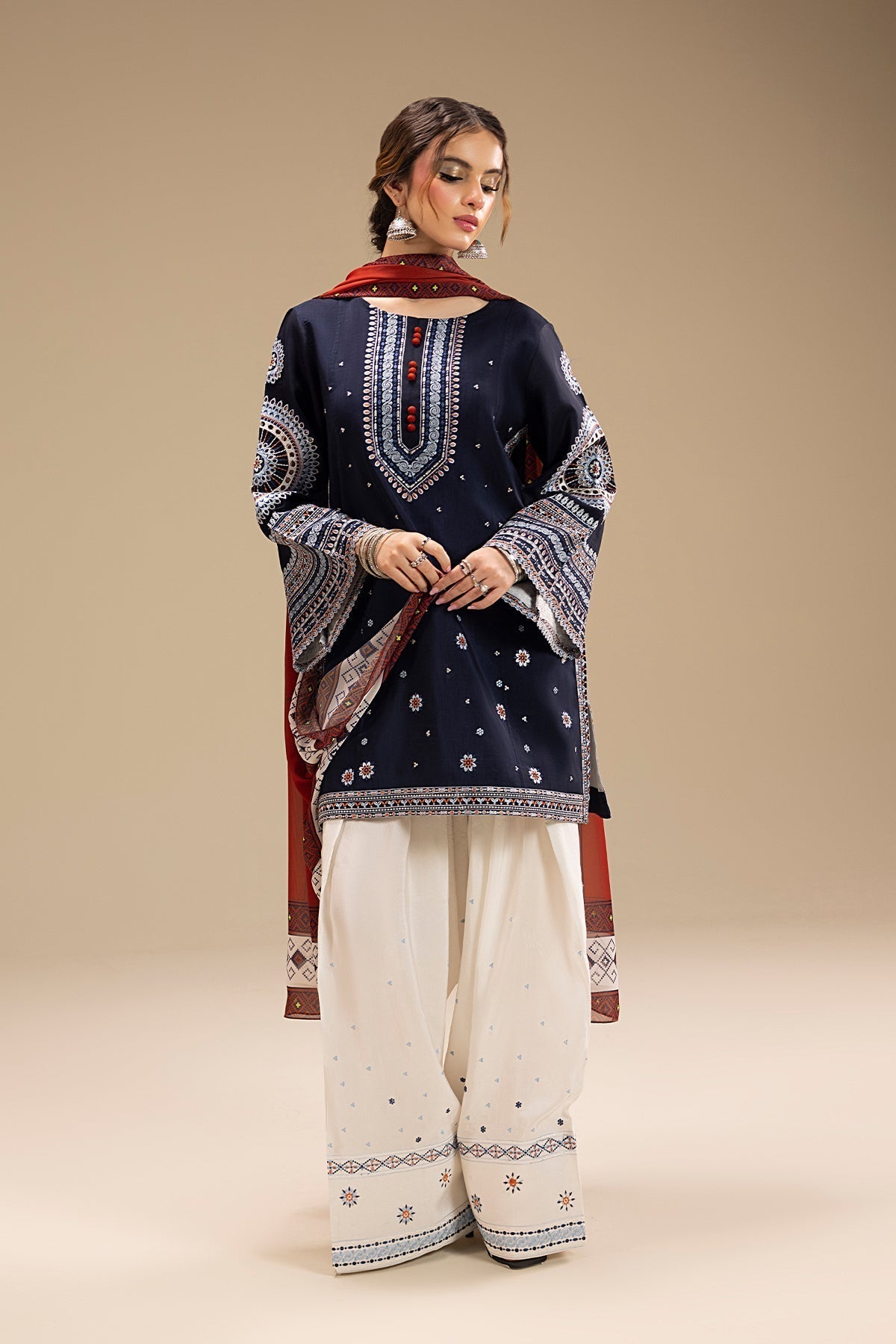 RR 610-3 Piece - 3 Piece Embroidered Dhanak Fabric with Printed Wool Shawl