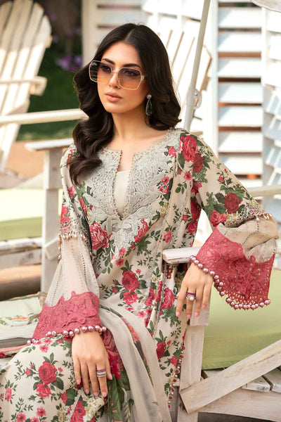 MB 425-3 Pcs Digital Printed Lawn Shirt Trouser and Dupatta with Embroidered Patches